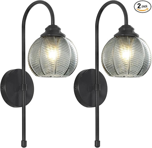 KCO Lighting Modern Glass Globe Wall Sconce Smoke Gray Glass Vanity Light Long Black Wall Sconces Set of Two Industrial Mid Century Wall Sconce Bedroom Wall Lamps Hardwired