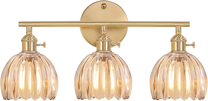 Bathroom Light Fixtures, 3-Light Brass Vanity Wall Light Over Mirror with Amber Tulip Glass Shade for Bedroom Living Room