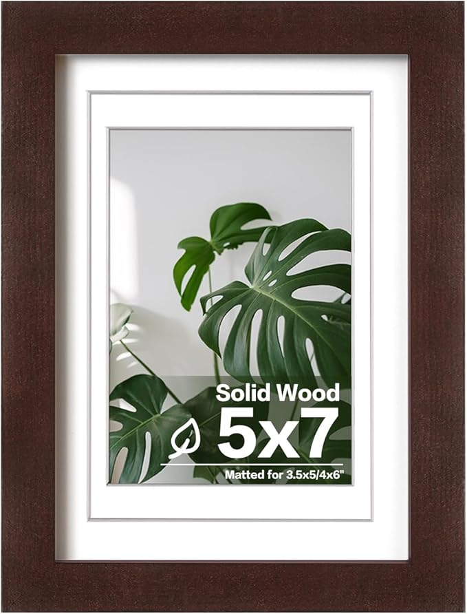 Egofine 5x7 Picture Frame Made of Solid Wood with Plexiglass, Display Pictures 3.5x5/4x6 with Mat or 5x7 Without Mat for Tabletop and Wall Mounting, Walnut Color