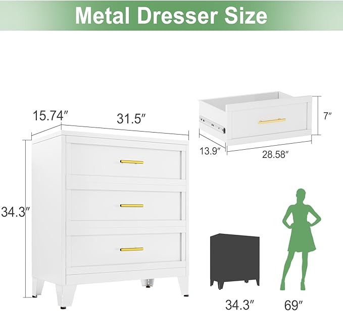 Metal Dresser for Bedroom 3 Drawers Dresser Metal Storage Organizer,34.25" H Black Drawer Chest, Closet Organizers for Living Room, Hallway, Closet