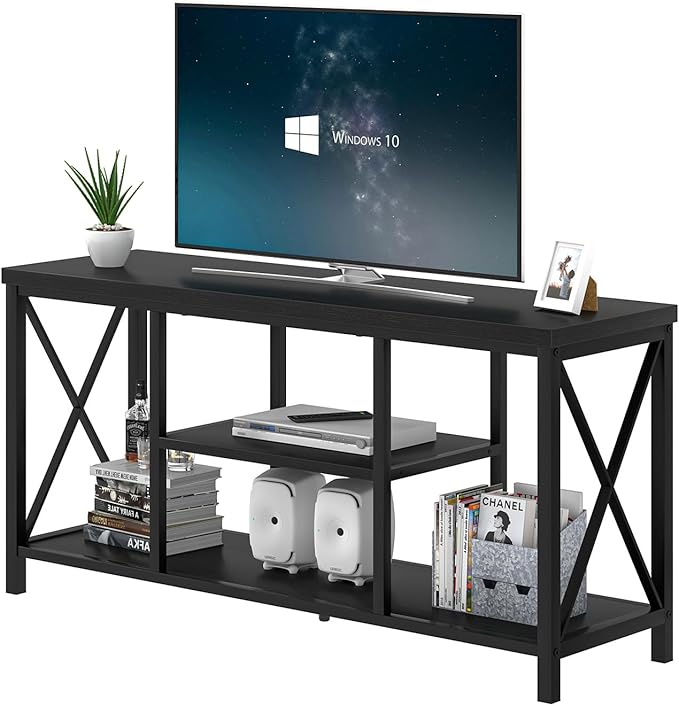 EXCEFUR Modern Entertainment Center for TVs up to 55 Inch, Wood TV Stands with Storage Shelves, Industrial Media TV Console Table for Bedroom Living Room, 47 Inch Black Oak