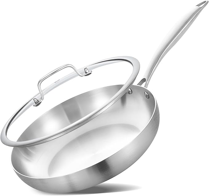 Inqibee 10 Inch Tri-Ply Stainless Steel Frying Pan with Lid,Skillet,Induction Cooking Pan,Dishwasher and Oven Safe