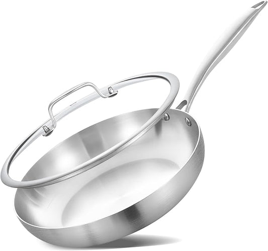 Inqibee 8.5 Inch Tri-Ply Stainless Steel Frying with Lid,Small Skillet,Induction Cooking Pan,Dishwasher and Oven Safe