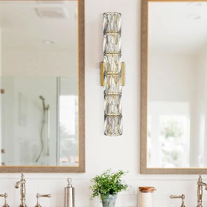 SAMTEEN 23.6-Inch Crystal Wall Sconce Gold Sconces Wall Lighting Mid-Century Modern 6-Light Wall Mount Light Brass Glass Wall Light Fixture for Bathroom Bedroom Hallway