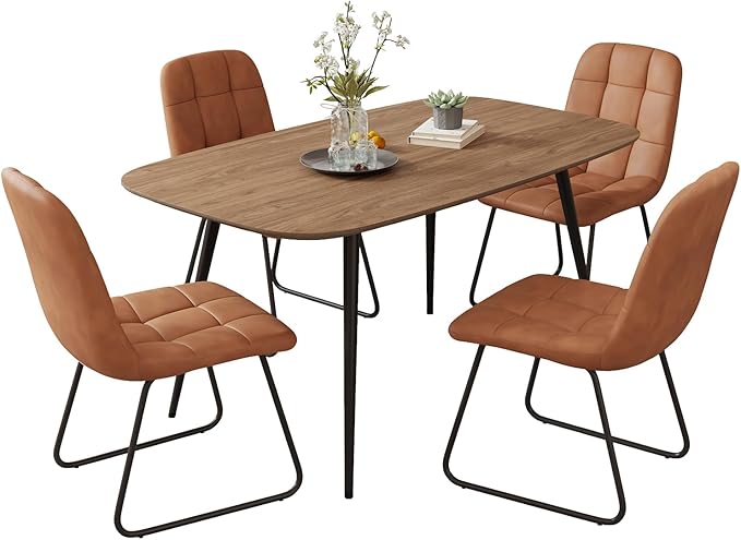 47.2'' Dining Table Set for 4,Modern Wood Dining Table,Leather Dining Chairs 4,Table and Chairs Set of 4,Ideal for Kitchen Dining Room (Walnut Color Table + 4 U-Shaped Brown Chairs, 47.2")