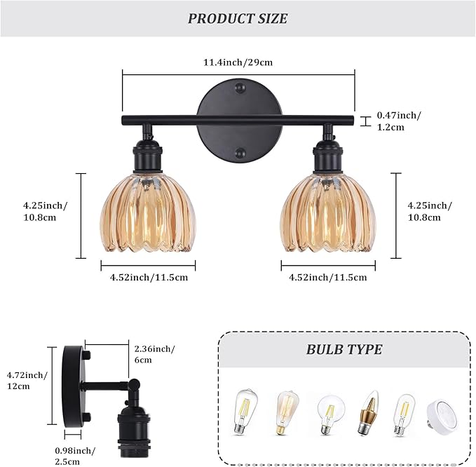Bathroom Light Fixtures, 2-Light Black Vanity Wall Light Over Mirror with Amber Tulip Glass Shade for Bedroom Living Room