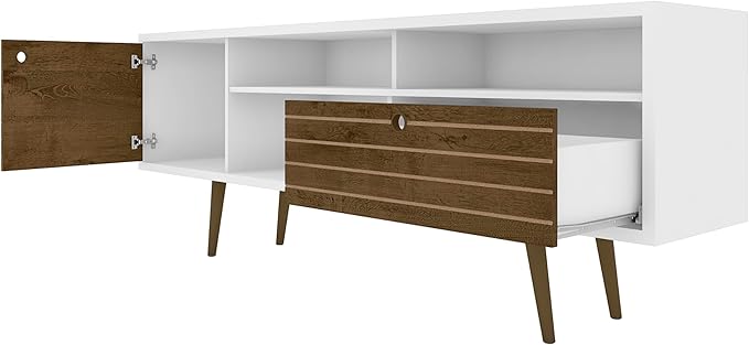 Manhattan Comfort Liberty Collection Mid Century Modern TV Stand With Three Shelves, One Cabinet and One Drawer With Splayed Legs, White/Wood, Large, Model:202AMC69