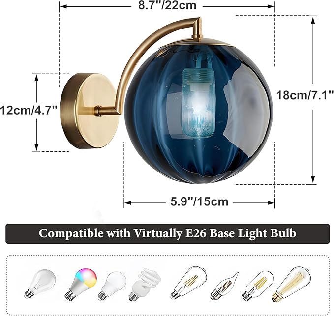 KCO Lighting Vintage Blue Glass Wall Sconce Brushed Gold Wall Sconces Mid Century Modern Globe Vanity Light Round Wall Mounted Light Fixture for Bedroom Bathroom Hallway