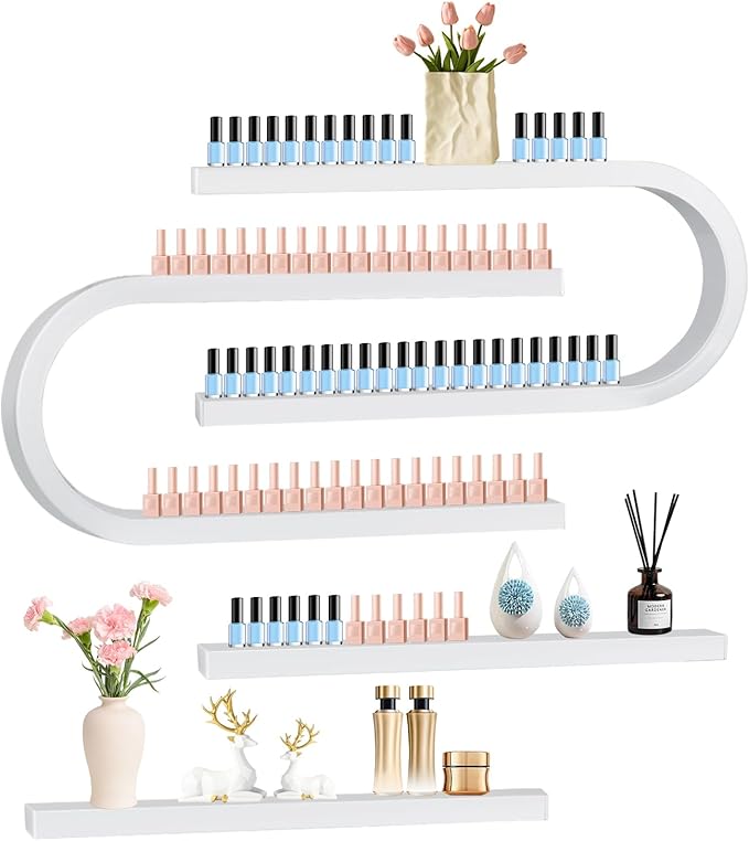 EBANKU 4PC U Shape Nail Polish Racks Heavy Duty Nail Shelfs for Wall Nail Polish Display Rack Cosmetic Display Cases Lipstick Perfume Wall Shelf Nail Polish Organizer for Home Spa Nail Salon (White)