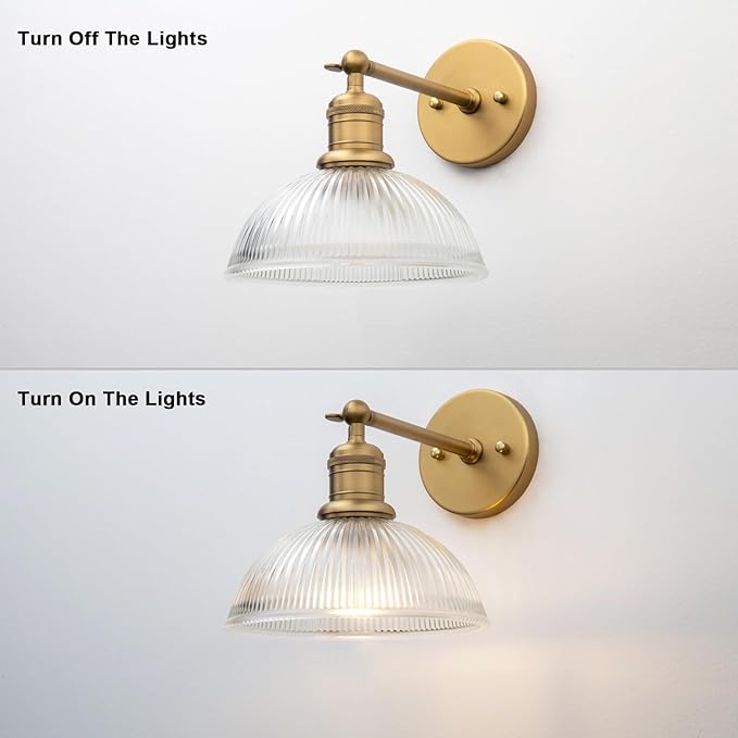 Yosoan Antique Brass Indoor Wall Sconce, 1-Light Modern Vanity Light Vintage Industrial Single Lamp Hardwired Clear Striped Bowl Glass Shade for Living Room Kitchen Bedroom Home Decor(Antique)