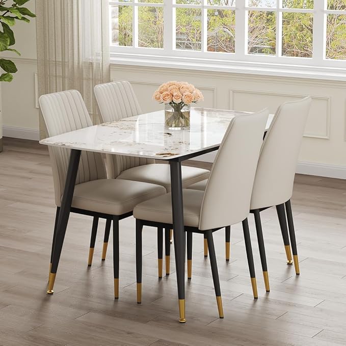 5 Pieces Modern Marble Dining Table Set, 50" Rectangular Sintered Stone Tabletop Kitchen Table with 4 PU Leather Chair Dinner Table Set for Kitchen Dining Room(Marble+4Gray Chairs)