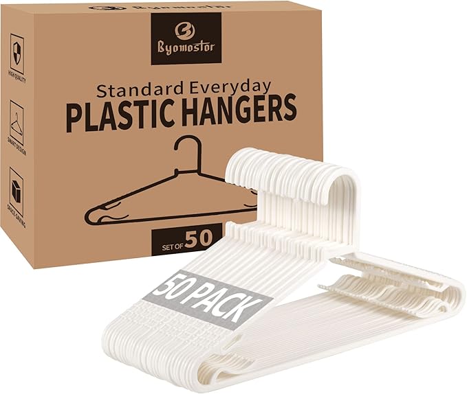 Plastic White Hangers 50 Pack, Light Weight Durable Clothes Hangers G-Shape Hangers Standard Size Ideal for Tank T-Shirts Dresses Jackets Suits Blouses Ties Leggings