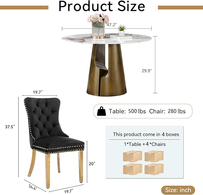 5-Piece Faux Marble Round Dining Table Set for 4, Modern Luxury Kitchen Table Set for 4 with Black Tufted Chairs,Circle Dining Tables with Pandora Grain Top and Bronze Pedestal Base