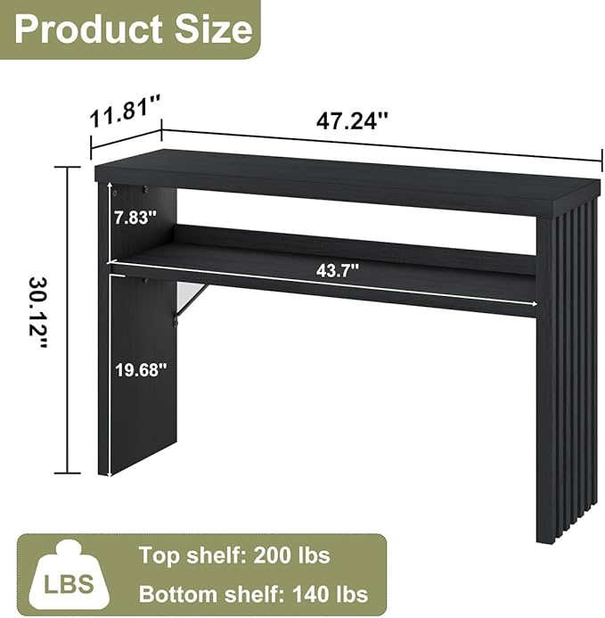 BON AUGURE Console Table with Storage, Black Entryway Table, Wooden Couch Tables Behind Sofa for Living Room, 2 Tier Front Door Entrance Tables (Black Oak, 47 Inches)