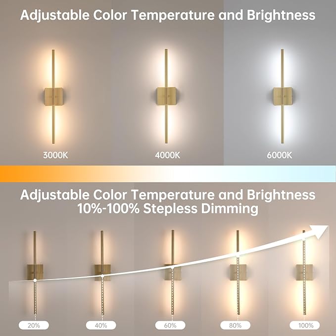 Battery Operated Wall Sconce Set of 2, 8000mAh Wireless Wall Sconces, 3000K-6000K Dimmable, 350°Rotate, Indoor Wall Lights for Bedroom Living Room Bathroom, Gold, 23.6 Inch