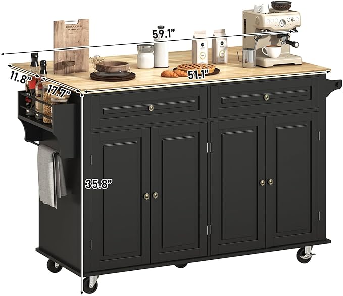 59" W Rolling Kitchen Island with Drop Leaf – Movable Kitchen Carts on Wheels Island with Storage Cabinet, Island Table for Kitchen with Rubber Wood Top and Rack and Drawer, Matte, Black