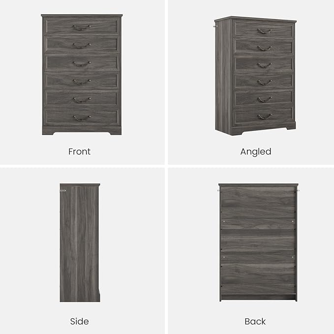 DICTAC Farmhouse 6 Drawers Dresser for Bedroom, 48.2" Tall Dressers Chest of Drawer, Large Storage Closet Organizer with Natural Texture and Vintage Metal Handle, Wooden Vertical Dresser for Hallway