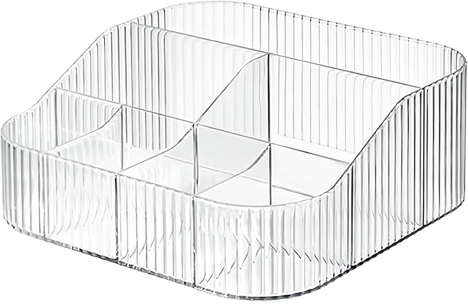 DASITON Large Capacity Makeup Brush Holder,8 Slot Makeup Brush Cup,Vintage striped Make Up Brush Holder,for Vanity Decor,Bathroom Countertops,Desk Storage Container,Cosmetic Display cases(Clear-XL)