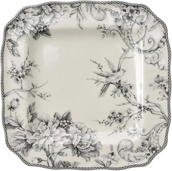 222 Fifth Adelaide 16-Piece Square Floral Dinnerware Set – Service for 4, Grey & White Porcelain Plates & Bowls, for Everyday Dining & Entertainment, Microwave & Dishwasher Safe, Chip Resistant