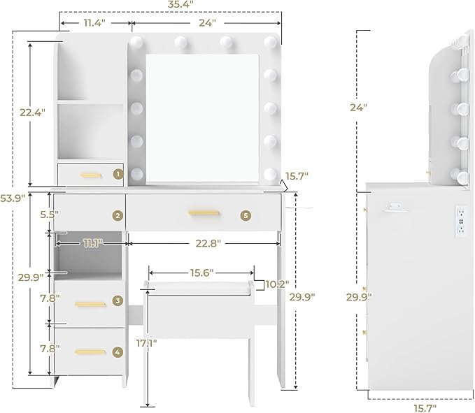 Vanity Desk with Mirror and Lights, 3 Adjustable Lighting Makeup Vanity Desk with 3 Storage Shelves, 5 Large Drawers and Power Outlet, Vanity with Chair for Bedroom, White