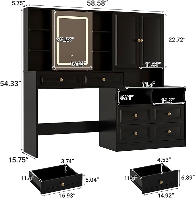 Large Black Vanity Desk with Sliding Mirror & Lights, Big 58.6" Makeup Vanity Table & Nightstand Combo with Power Outlet and 6 Drawers 15 Shelves with Light Strips for Bedroom