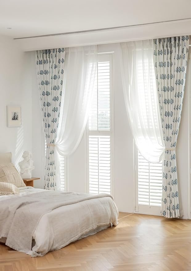Linen Blend Pinch Pleated Curtains for Living Room, Bedroom, Dining Room - Light Filtering Curtains 2 Panels Set - Luxury and Modern Floral Printed Design - Kashmir Blue, 30" W x 108" L