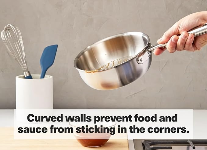 Misen 5-Ply Stainless Steel Saucier with Lid– Induction-Compatible Pan with Curved Sides for Smooth Stirring - Oven Safe to 800F – Even Heat Distribution & Ergonomic Handle - 3 QT