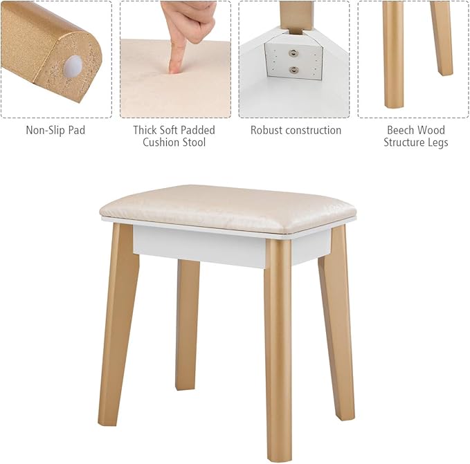 CHARMAID Vanity Set with Lighted Mirror, 3 Color Touch Screen Dimming Mirror, Adjustable Brightness, Bedroom Makeup Dressing Table with 4 Drawers and Cushioned Stool for Girls Women, White & Gray