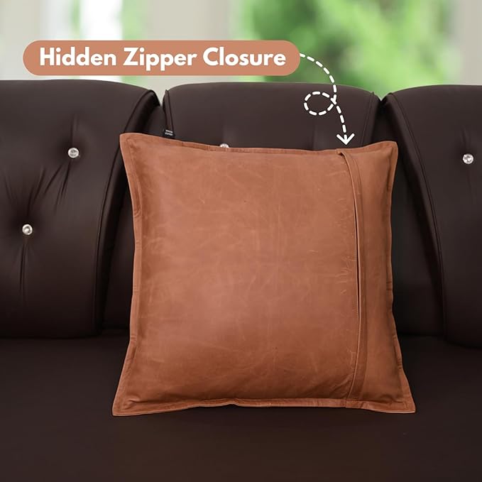 D DOLLY LAMB Lambskin Leather Pillow Cover - Sofa Cushion Case - Decorative Throw Covers for Living Room & Bedroom, 14x14 Inches - Antique Brown Box Pack of 1