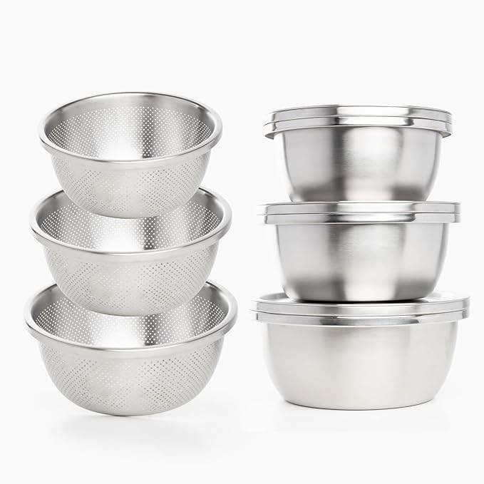 Enther Stainless Steel Colander Set with Lid - Set of 3 Rice Strainer Bowls, 2.6, 3.2, 4QT - Durable Mesh Filter, Nestable Design for Washing Vegetables, Fruit and Rice and for Draining Cooked Pasta
