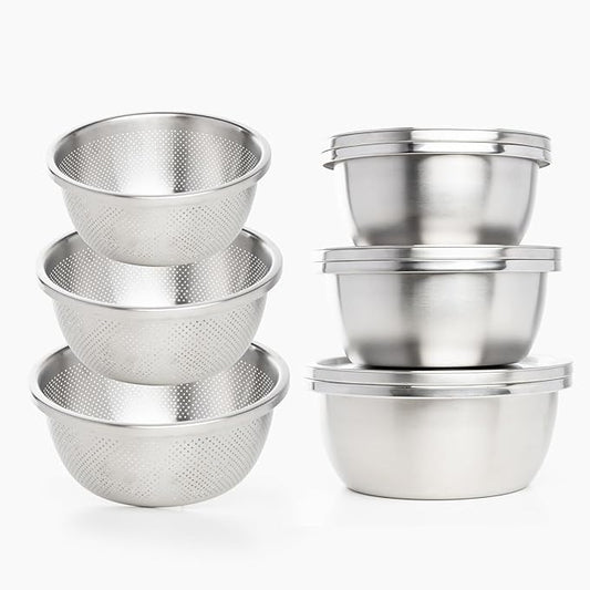 Enther Stainless Steel Colander Set with Lid - Set of 3 Rice Strainer Bowls, 2.6, 3.2, 4QT - Durable Mesh Filter, Nestable Design for Washing Vegetables, Fruit and Rice and for Draining Cooked Pasta