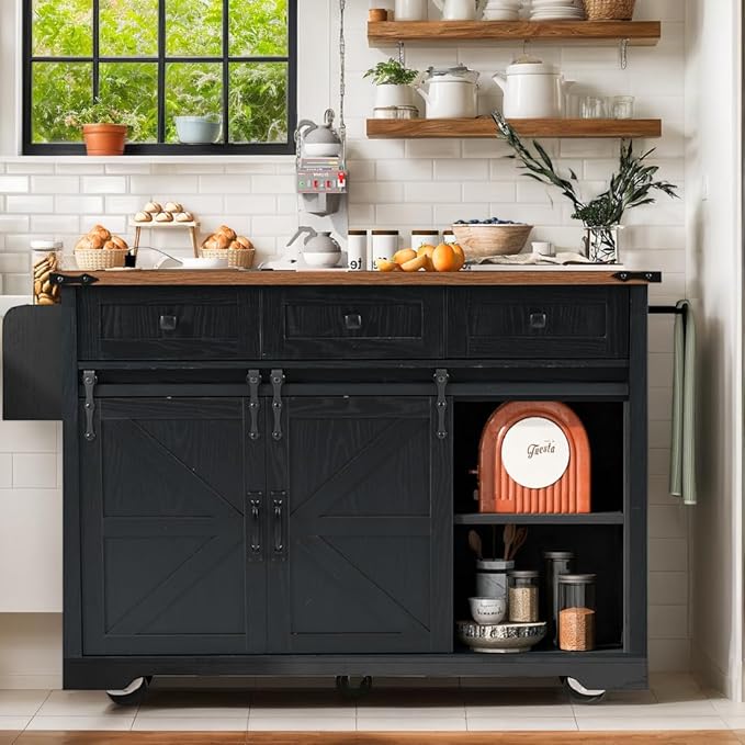 53.7" Farmhouse Mobile Kitchen Island Cart with Drop Leaf, Storage Island with Sliding Barn Door,Rolling Home Cart on Wheel Breakfast Bar Table with Power Outlet,3 Drawer,Cabinet,Tower Rack(Black)