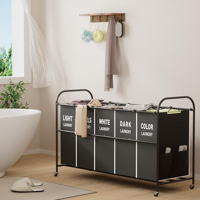 5-Section Laundry Sorter Cart, Large Laundry Hamper with Lockable Rolling Wheels, Versatile Storage Organizer with Removable Bags for Dirty Clothes, Black