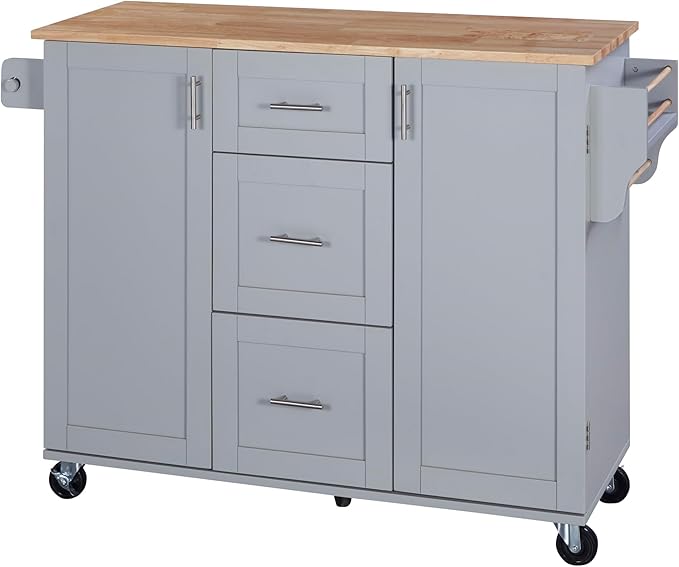 Rolling Mobile Kitchen Island Cart with Door Internal Storage Rack & Tower Rack, 3 Drawers and 2 Slide-Out Shelves for Dining Room