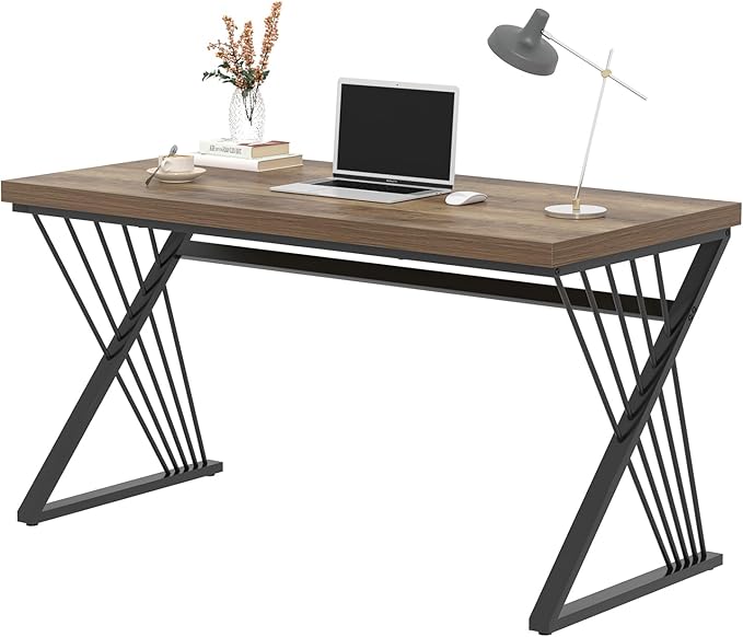 FOLUBAN Computer Desk, Modern Home Office Desk, Wood and Metal Study Writing Gaming Table for Bedroom Living Room, Rustic Oak, 53 Inch