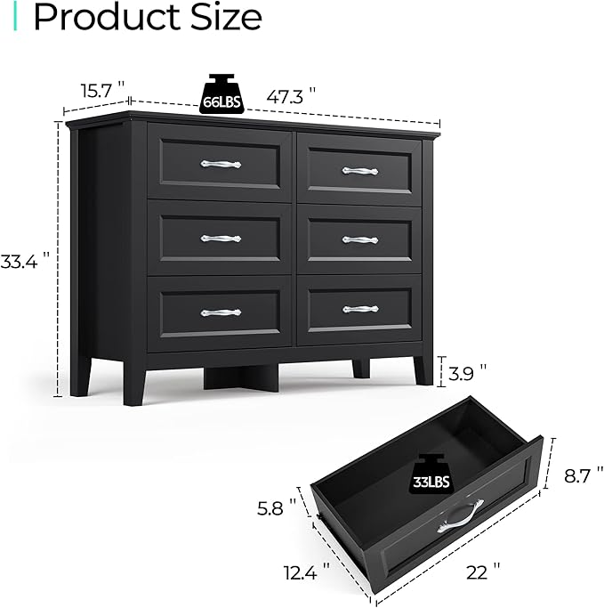 LINSY HOME Farmhouse 6 Drawers Dresser Chests for Bedroom, Wood Dresser Wide Chest of Drawers, Storage Dressers Organizer for Bedroom, Living Room,Hallway, SGS Certified