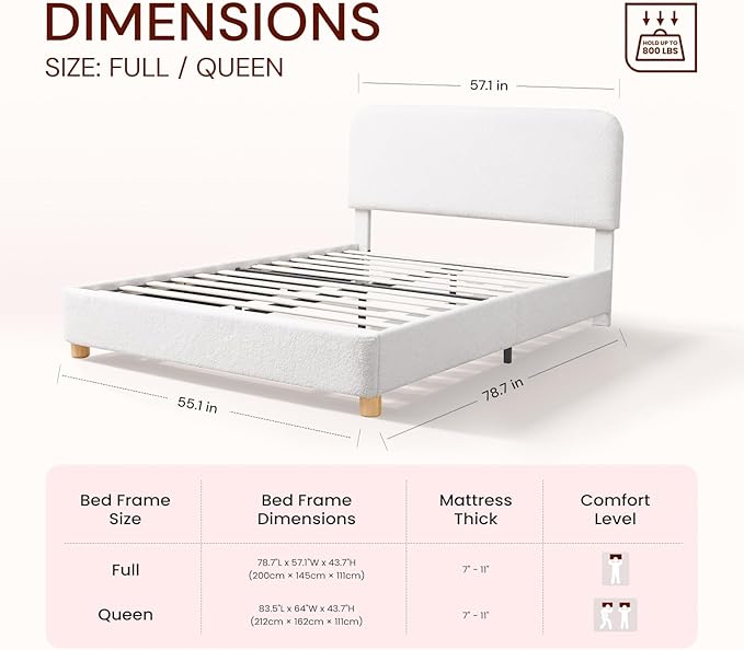 Queen Size Boucle Bed Frame, Upholstered Cloud Bed Frame with Adjustable Headboard, Solid Wood Legs, Rounded Corners Design & Easy Assembly – Modern Platform Bed,Cream
