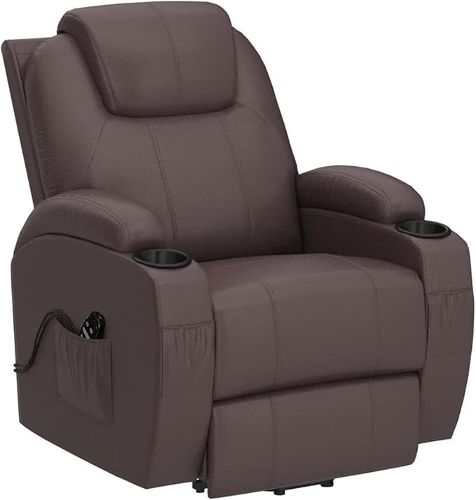 VICTONE Electric Power Lift Recliner Chair for Elderly Reclining Sofa for Living Room with Massage, Side Pockets and Cup Holders (Leather, Brown)