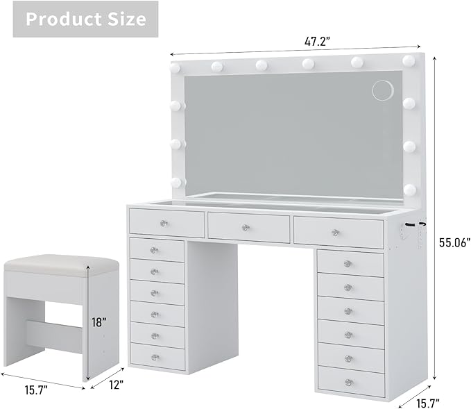 15 Drawers Makeup Vanity with Charging Station, Vanity Desk with 12 LED Bulbs and HD Mirror, 3 Color Brightness Adjustable, Vanity Set for Bedroom, White