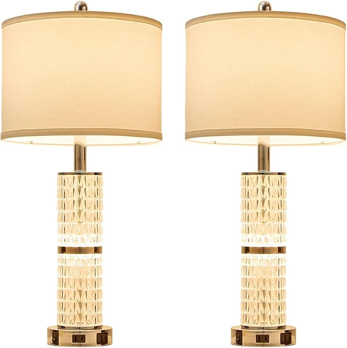 Crystal Table Lamp Set of 2, Modern Touch Lamp with Nightlight, 3-Way Dimmable Bedroom Lamp with 2 USB Ports & AC Outlets for Living Room Bedside Nightstand Lamp