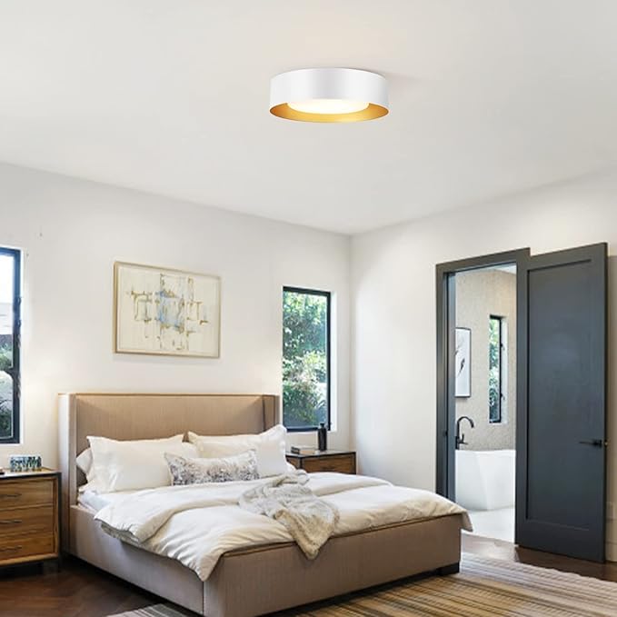 Modern White and Gold Flush Mount Ceiling Lights, 16.5" Minimalist Glass Round Ceiling Lighting, Drum Close to Ceiling Light Fixtures for Living Room, Bedroom, Dining Room, Kitchen, Hallways