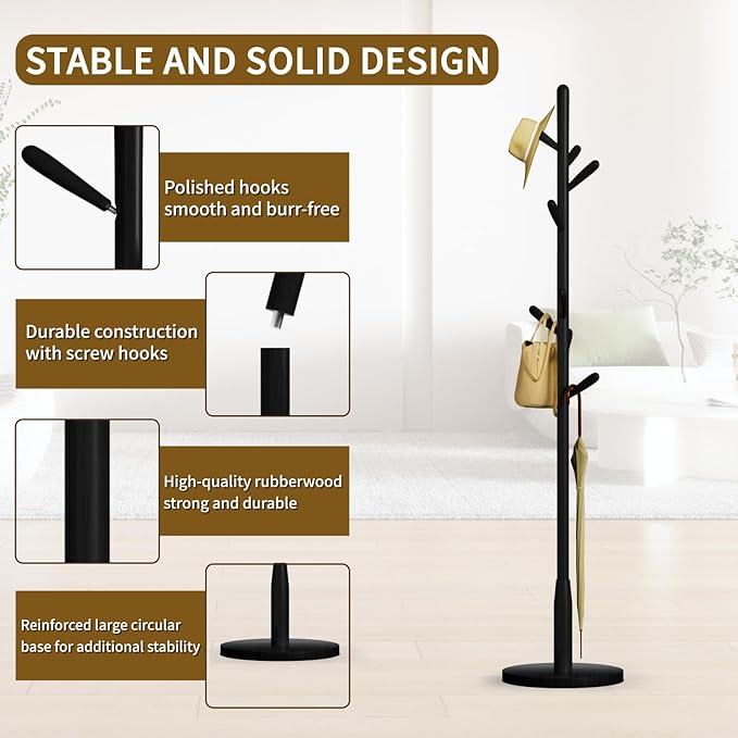 Solid Wood Round Base Coat Rack, Free Standing Hall Coat Tree with 8 Hooks（+2 spare for Coats, Hats, Bags, Purses, for Entryway, Hallway, Rubberwood Hooks,Base and Pole(Round Base,Black)