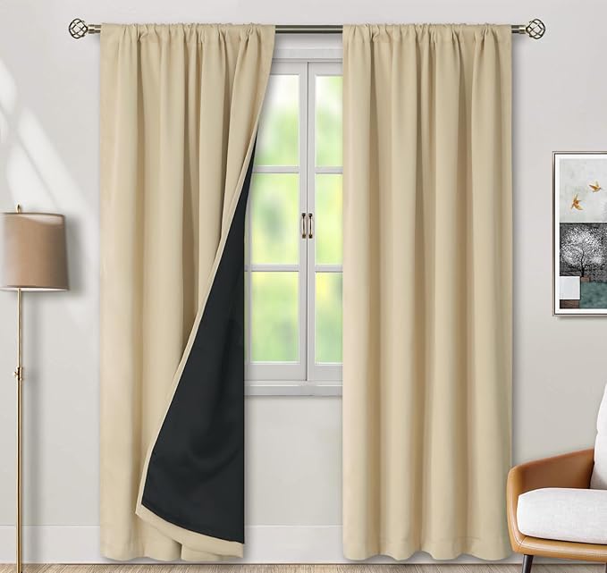 BGment Full Blackout Curtains with Thermal Insulation Liner Curtains 84 Inches Long, Rod Pocket and Back Tab Double Layer Room Darkening Window Curtain for Bedroom(42 x 84 Inch, 2 Panels, Natural)