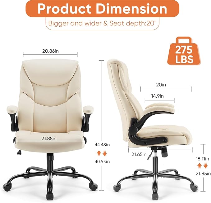 Sweetcrispy Computer Gaming Chair, Ergonomic High Back Heavy Duty Task Desk Office Chairs with Wheels, Flip-up Arms, Adjustable Height, PU Leather, Cream