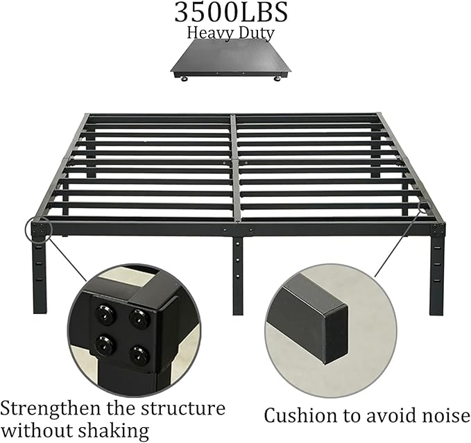 King Size Bed Frame 18 inch Tall, 3500lbs Heavy Duty Metal Platform with Steel Slats Support, No Box Spring Needed, 18-inch Bedframe with Ample Storage, Sturdy and Noise-Free, Black