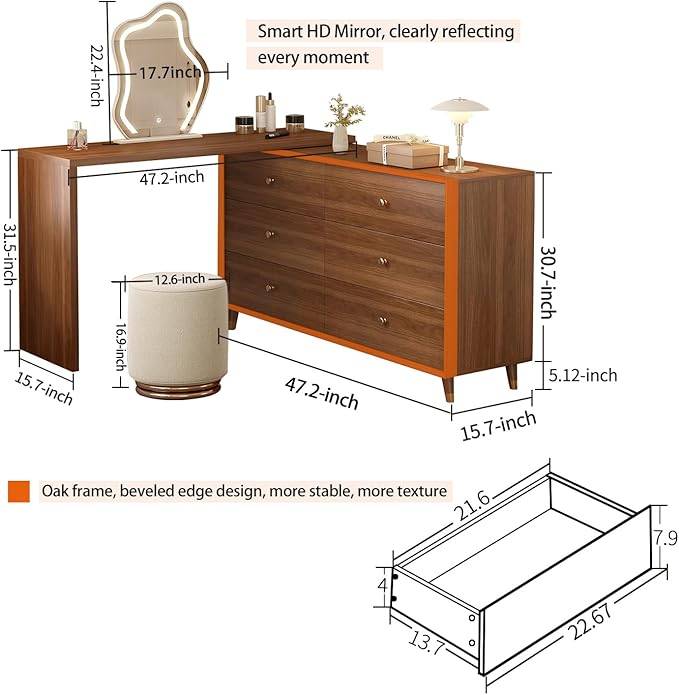 Makeup Vanity Desk Set with Cloud-Pattern HD Lighted Mirror and Stool, 50-90in Extendable Modern Vanity Table, 6-Drawer Solid Wood Frame Storage Cabinet, Bedroom Dressing Table, Brown