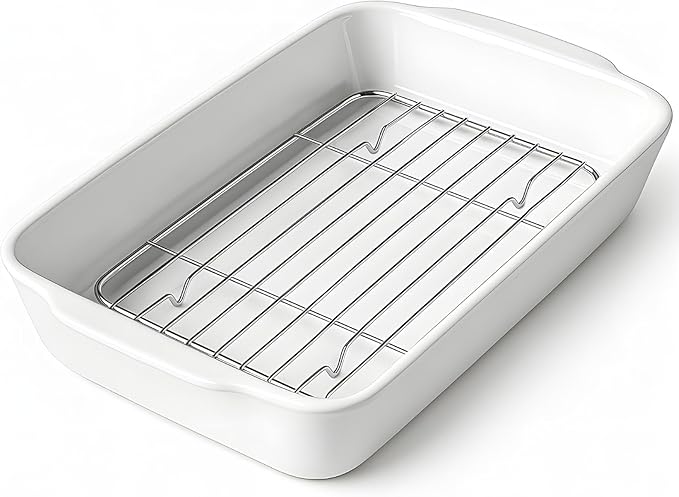 2 QT Small Ceramic Baking Dish, White Casserole Dish with Roasting Racks, Lasagna Pan for Oven, Ceramic Baking Pan, Kitchen Decor, Microwave Oven Safe, Dinner, Wedding（7.6" x 12.3"）