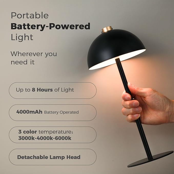 Rechargeable Cordless Touch Table Lamp,Modern 3 Color Stepless Dimming Night Light,Portable Wireless 4000mAh Battery Operated,LED Desk Lamp for Outdoor Patio,Restaurant,Camping,Bedroom,Nightstand