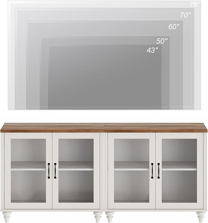 WAMPAT TV Stand for 75 Inch TV, Wood TV Cabinet Entertainment Center Television Stands for Living Room, 2-in-1 Kitchen Buffet Cabinet with Glass Door for Dining Room, Off White