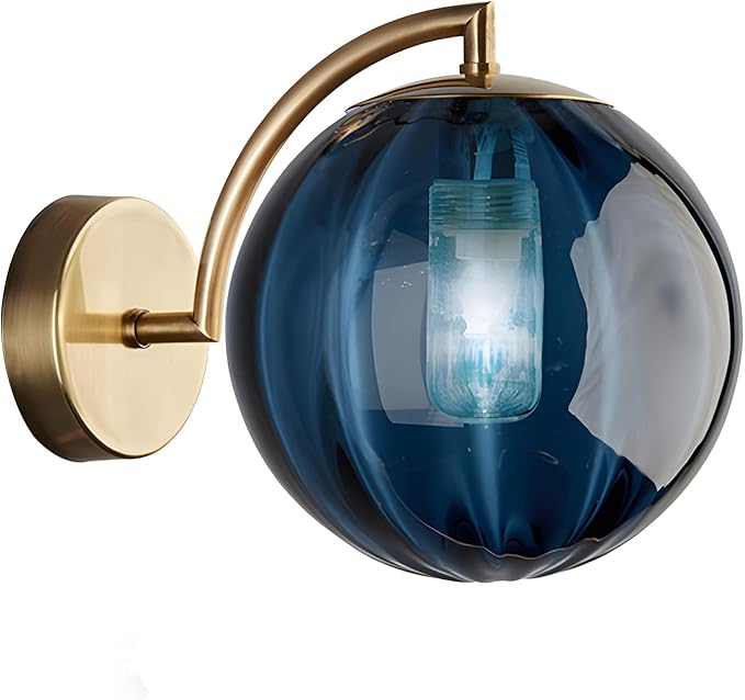 KCO Lighting Vintage Blue Glass Wall Sconce Brushed Gold Wall Sconces Mid Century Modern Globe Vanity Light Round Wall Mounted Light Fixture for Bedroom Bathroom Hallway